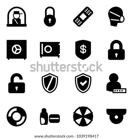 Solid vector icon set - officer window vector, lock, medical patch, mask, safe, locked, unlocked, shield, check, user password, lifebuoy, uv cream, parasol, surveillance camera