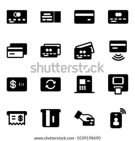Solid vector icon set - credit card vector, ticket, tap pay, exchange, atm, receipt, identity