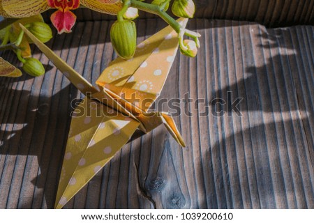 Origami crane and Phalaenopsis Orchid flower on a dark wooden background. Handmade paper bird.