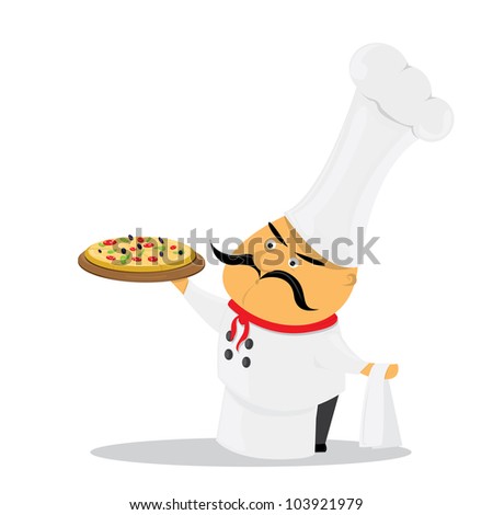 italian chef with pizza. pizzeria icon. vector illustration.