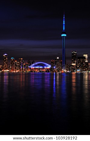 Beautiful night shot of city of Toronto skyline at night, taken from Center Island