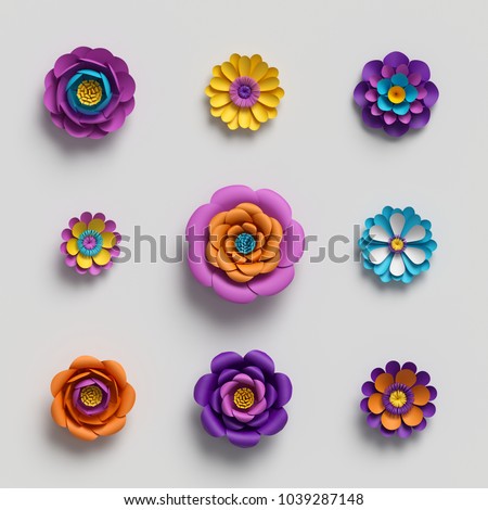3d rendering, paper art, decorative flowers, floral background, botanical pattern, vivid candy colors, vibrant palette, isolated design elements