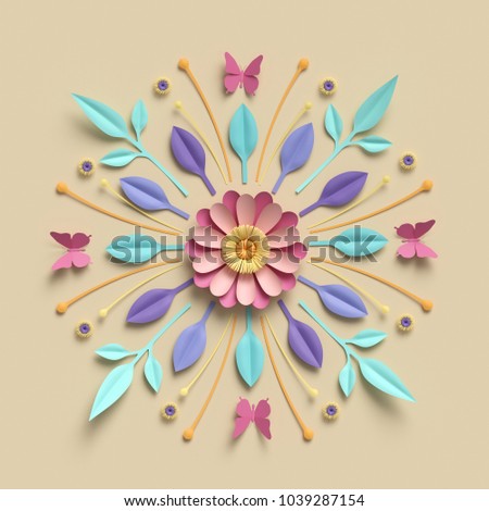 3d render, floral kaleidoscope, pastel paper flowers, symmetrical ornament, botanical background, papercraft