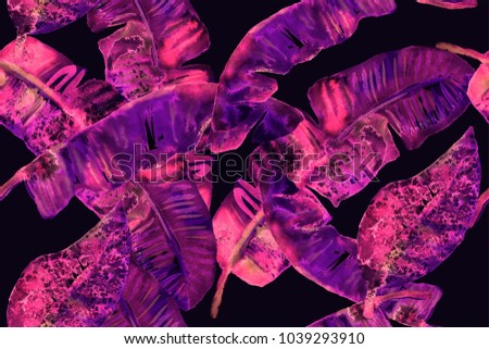 Banana leaf tropical seamless pattern. Artistic watercolor hand painting background. Swimwear print. Jungle retro design. Botanical bohemian batik fabric illustration. Palm exotic tree. 