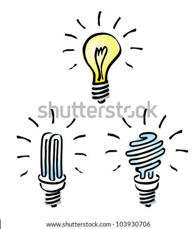 Set of Hand drawn, cartoon light bulbs, Tungsten bulb, orange old generation bulb,  and white energy saving bulb, symbol of ideas Royalty-Free Stock Photo #103930706
