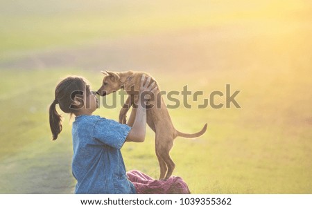 Girls with dogs in the meadow At sunset
