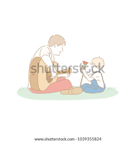 father playing guitar and son holding a flower. hand drawn style vector doodle design illustrations.
