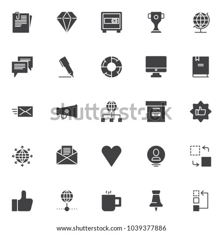 Universal business vector icons set, modern solid symbol collection, filled style pictogram pack. Signs, logo illustration. Set includes icons as Document paper clip, Diamond, Safebox, Trophy cup