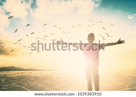 Positive happy financial freedom life self soul worship god on person beach morning summer concept peace love health wellbeing praise easter day, inspiration good feel in muslim Ramadan passion. Royalty-Free Stock Photo #1039383910