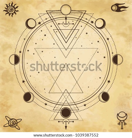Mysterious background: sacred geometry, phases of the moon. Place for the text.Background - imitation of old paper. Esoteric, mysticism, occultism. Print, poster, t-shirt, card. Vector illustration.