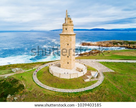 Tower of Hercules or Torre de Hercules is an ancient Roman lighthouse in A Coruna in Galicia, Spain Royalty-Free Stock Photo #1039403185