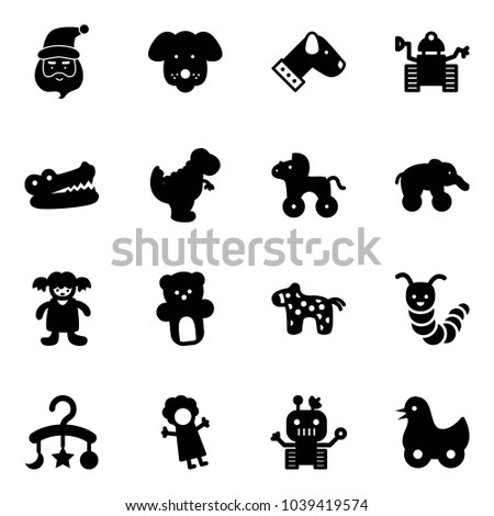 Solid vector icon set - santa claus vector, dog, robot, crocodile, dinosaur toy, wheel horse, elephant, doll, bear, caterpillar, baby carousel, duck