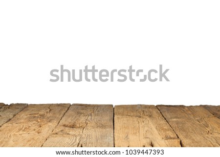 Empty old wooden table top isolated on white background.  For montage product display or design key visual layout background.