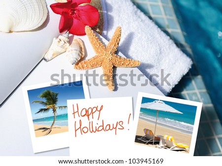 open book with starfish outdoor with swiming pool background