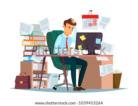 Man overwork in office, deadline vector illustration. Manager sitting at computer desk with stack of documents in mess and deadline tasks sticky notes holding hand on head flat cartoon office design Royalty-Free Stock Photo #1039453264