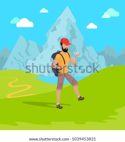 Man travelling in mountains, male with compass, path and green grass with mountains landscape, image clouds and sky isolated on vector illustration