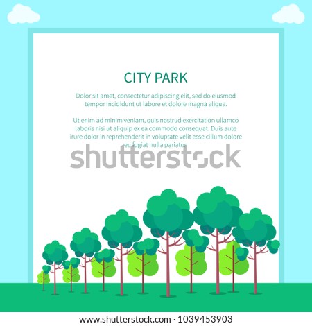 City park vector illustration of neatly planted trees colored with vivid shades of green on background with white, blue and green colors with place for text.