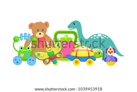 Frog and butterfly toys set collection of toys dinosaur and teddy bear tortoise and clown, kids items vector illustration isolated on white background