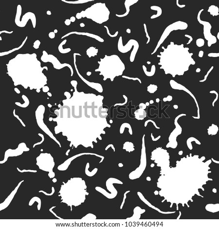 Vector seamless paint flourish and blots pattern. Based on a graphic artwork. Classic white on black. Clipping paths included. The texture is on Swatches Panel and the style on Graphic Styles Panel.