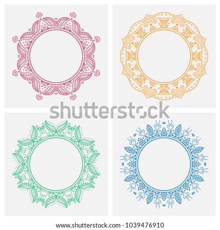 Vector vintage frame template set. Decorative line art border, geometric round ornament, linear circular motif. Isolated design elements. Elegant fashion lace collection