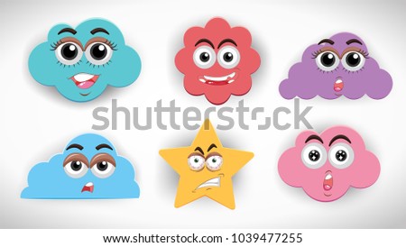 Different facial expressions on clouds illustration