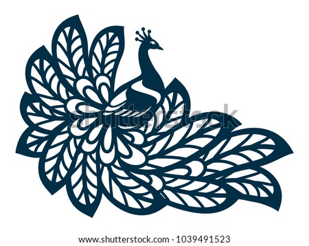 Laser cut template. Peacock silhouette isolated. Vector illustration hand drawn. Vintage paper cut style. Fantasy birds isolated. Ornamental bird for your design. Royalty-Free Stock Photo #1039491523