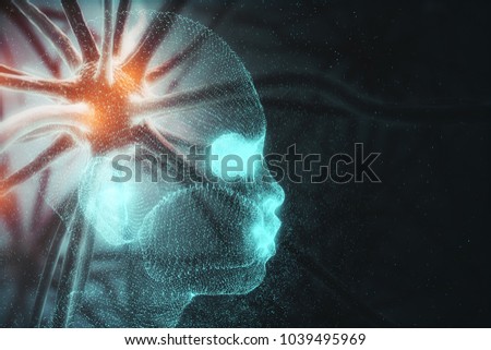 Polygonal human with nerve cells. Nervous system and science concept. Double exposure 