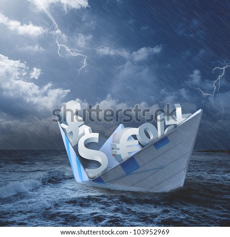 Collapse of economy concept with money symbols on the boat