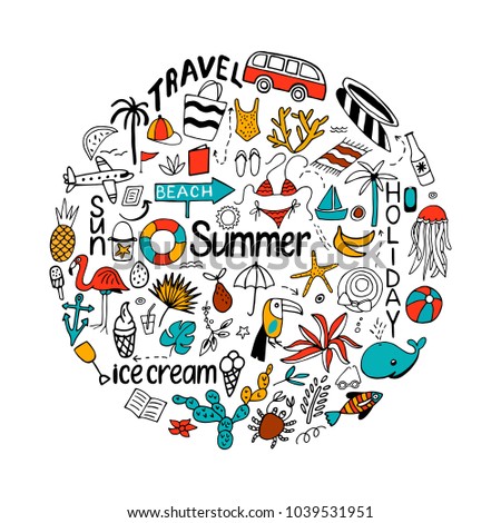 Background in circle with summer set of isolated cute colorful and black white images in doodle style and text lettering. Hand dtawn line art illustration with things for beach and holiday. Vector.