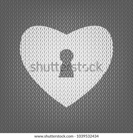 Heart with lock sign. Vector. White knitted icon on gray knitted background. Isolated.