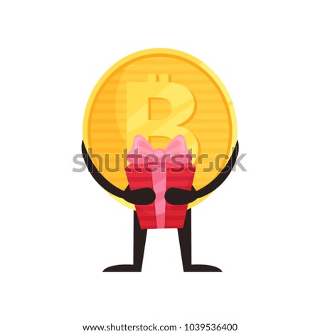 Golden shiny coin with bitcoin symbol, hands and legs holding red gift box. Cryptocurrency concept. Graphic design for sticker, mobile app or website. Flat vector icon