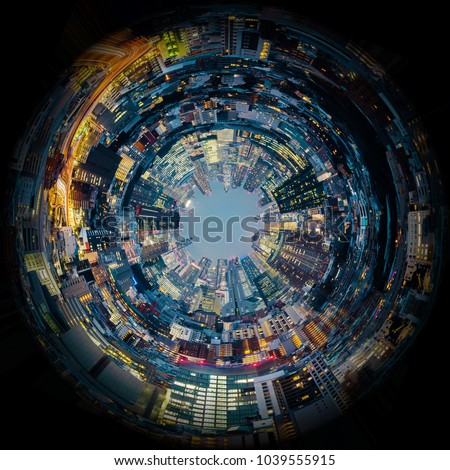Circle panorama of urban city skyline, such as if they were taken with a fish-eye lens Royalty-Free Stock Photo #1039555915