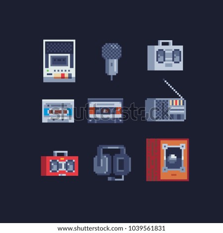 Retro pixel art 80s style music icons set.  Design for sticker, apps. Video game 8-bit sprite. Old tape recorder, microphone, audio cassette, radio, sub woofer, headphones isolated vector illustration