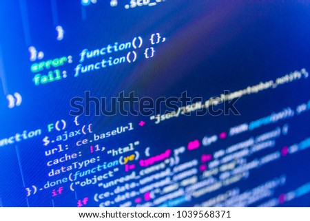 Abstract screen of software. Notebook closeup photo. New technology revolution. Business and AI technology represent learning process.Web site codes on computer monitor. Programming code typing. 