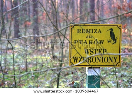 "Bird refugee - access forbidden" in Polish language, yellow sign on short pole visible through thin branches with pine wood behind.