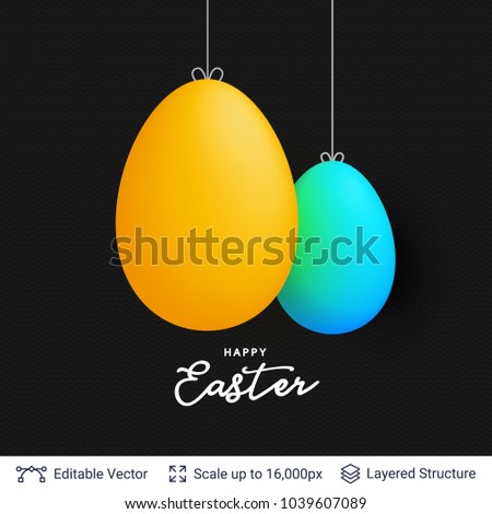 Easter background template. 3D colored eggs on black backdrop. Editable vector illustration.