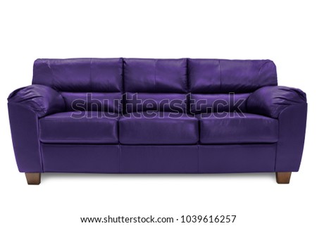 Three seats cozy blue leather sofa isolated on white background