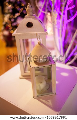 decor lanterns. white lantern with candle, white vintage dressing table, winter decor, Christmas decor, home.