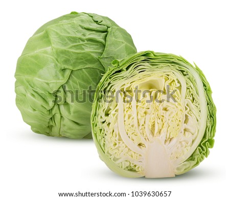 Green cabbage one cut in half isolated on white background. Clipping Path. Full depth of field. Royalty-Free Stock Photo #1039630657