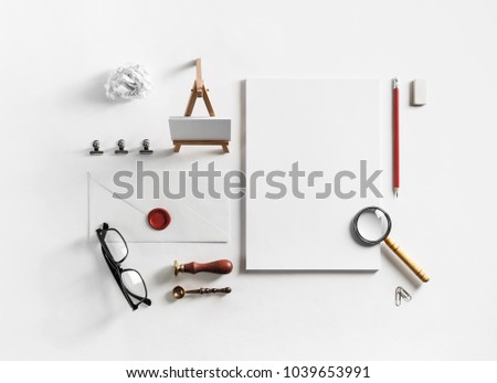 Photo of blank corporate stationery set. Vintage brand ID elements. Responsive design template. Flat lay.
