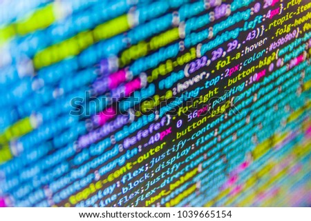 Programming code typing. Writing programming functions on laptop. Software development. Digital binary data on computer screen. Computer program preview. Computer code data. 