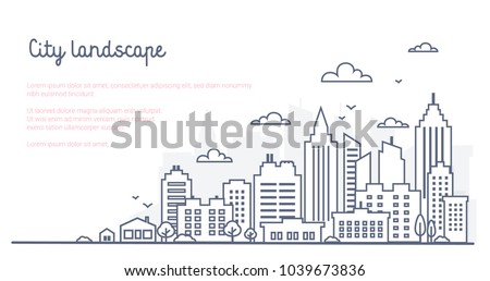 City landscape template. Thin line City landscape. Downtown landscape with high skyscrapers. Panorama architecture Goverment buildings Isolated outline illustration. Urban life Vector illustration Royalty-Free Stock Photo #1039673836