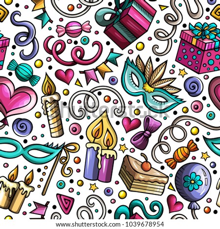 Cartoon hand-drawn doodles on the subject holidays, birthday theme seamless pattern. Colorful detailed, with lots of objects vector background