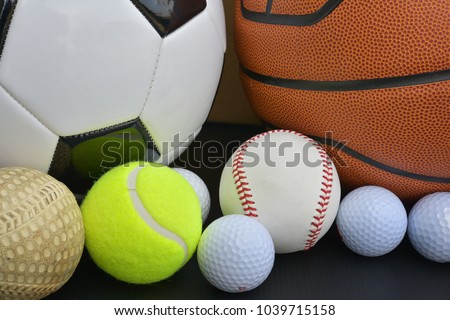 Football, soccer ball, basketball, american football, golf ball, baseball, tennis ball set on white background. 