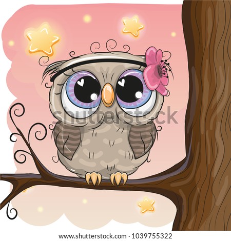Cute Cartoon Owl with flower on a brunch