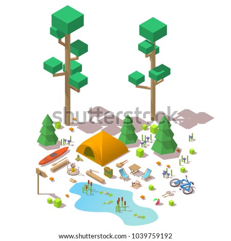 Vector isometric 3d low poly elements in the camping site