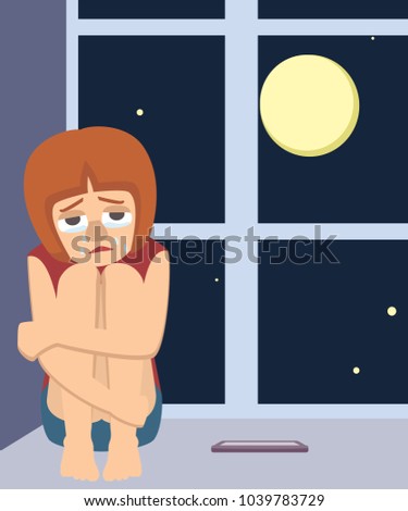 lonely girl sits crying at night - vector cartoon illustration in flat style