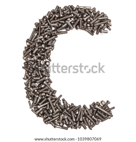 Letter C made of building bolts, isolated on white background. Concept: alphabet, italian, spanish, french, german, english, logo, words, write. For the text. Latin.  A series of photos