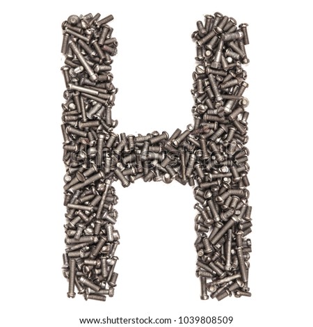 Letter H made of building bolts, isolated on white background. Concept: alphabet, italian, spanish, french, german, english, logo, words, write. For the text. Latin. A series of photos