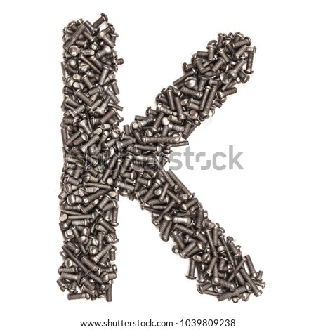 Letter K made of building bolts, isolated on white background. Concept: alphabet, italian, spanish, french, german, english, logo, words, write. For the text. Latin. A series of photos
